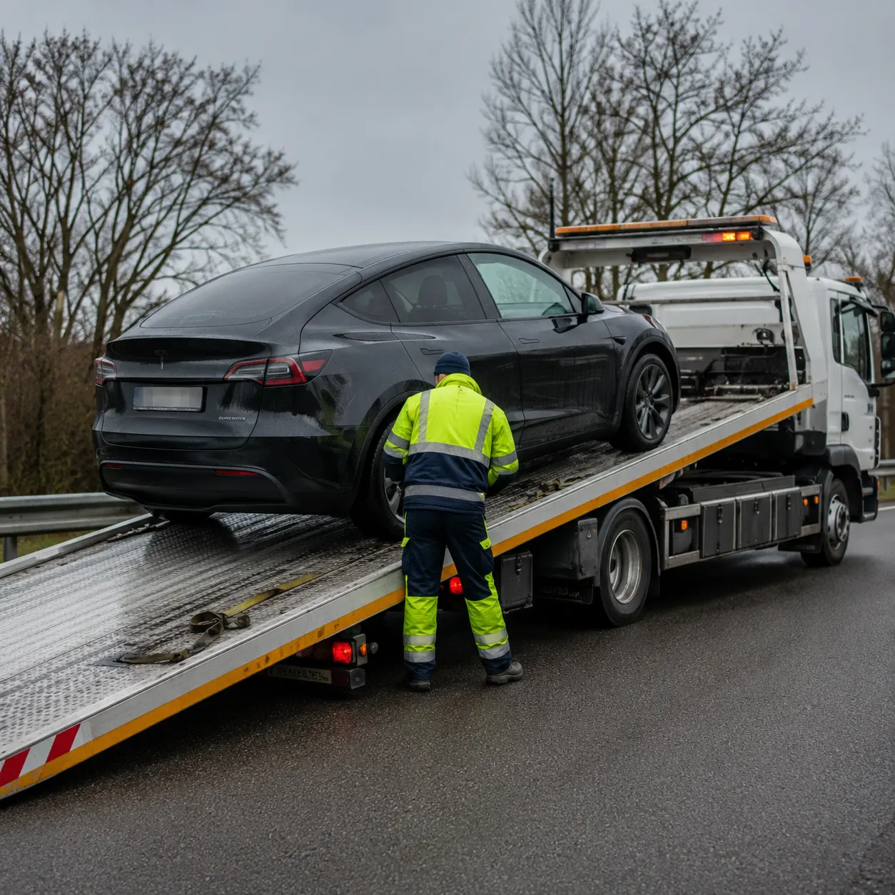 Abschleppfahrer sichert Elektrofahrzeug auf dem Abschleppwagen