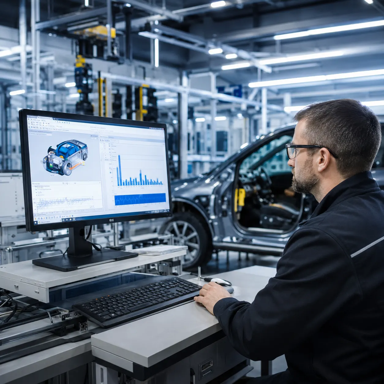 Entwicklungsingenieur arbeitet am Computer in der Fahrzeugproduktion