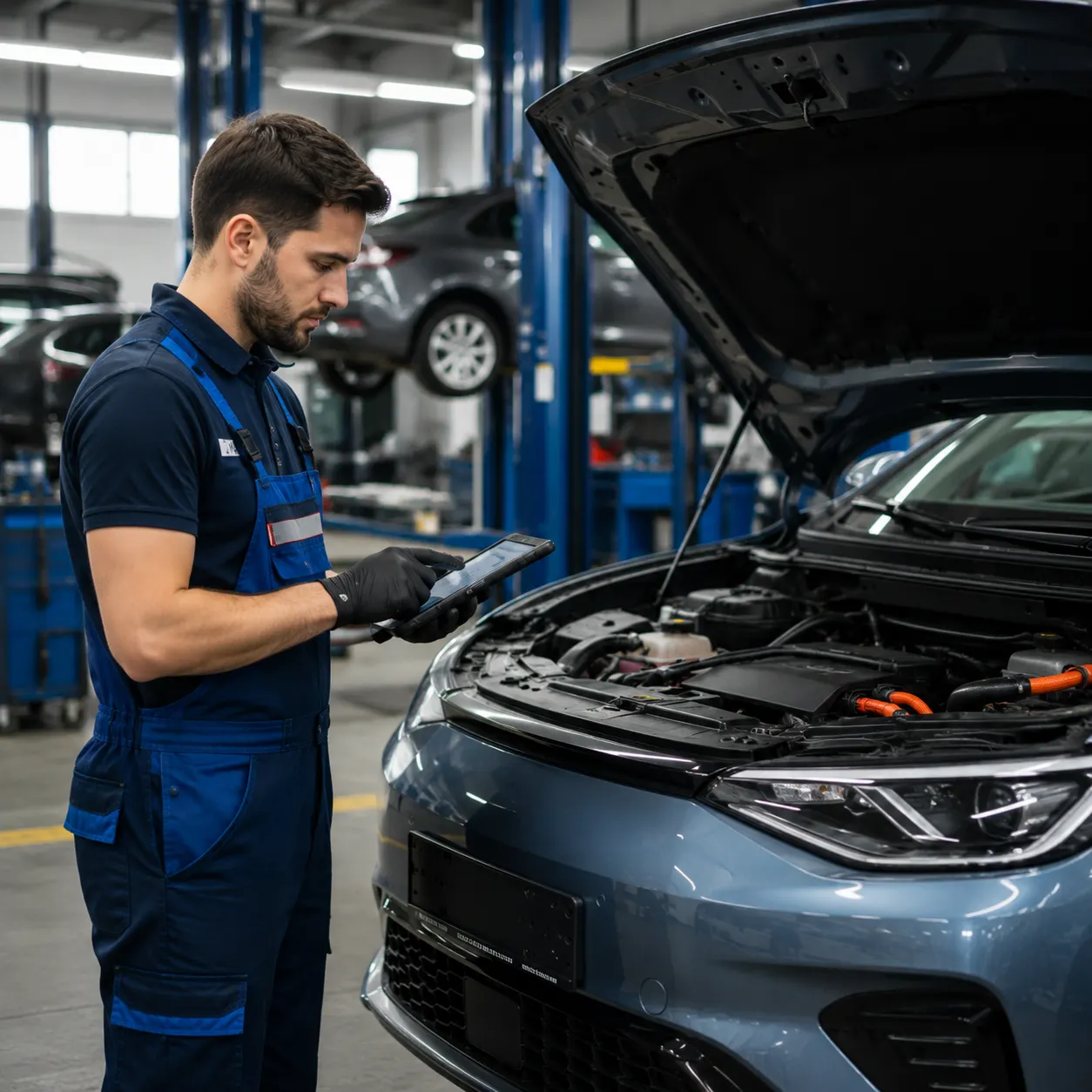 Kfz-Mechaniker mit Tablet prüft Hochvolt-Fahrzeug in der Werkstatt