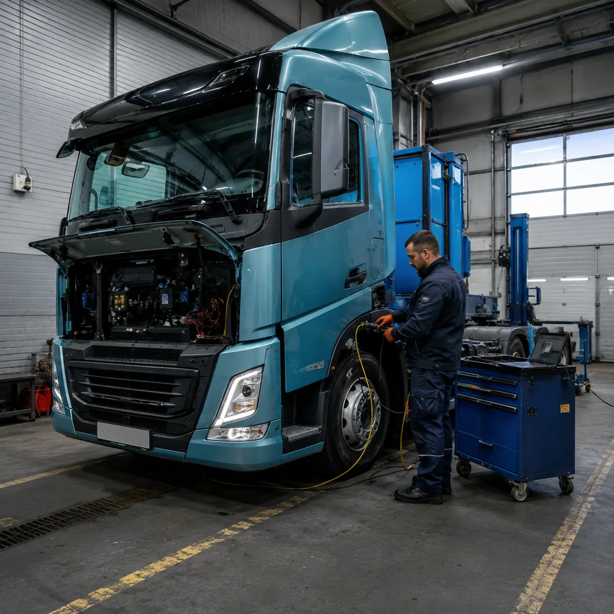 Mechaniker arbeitet an elektrischem Nutzfahrzeug in der Werkstatt
