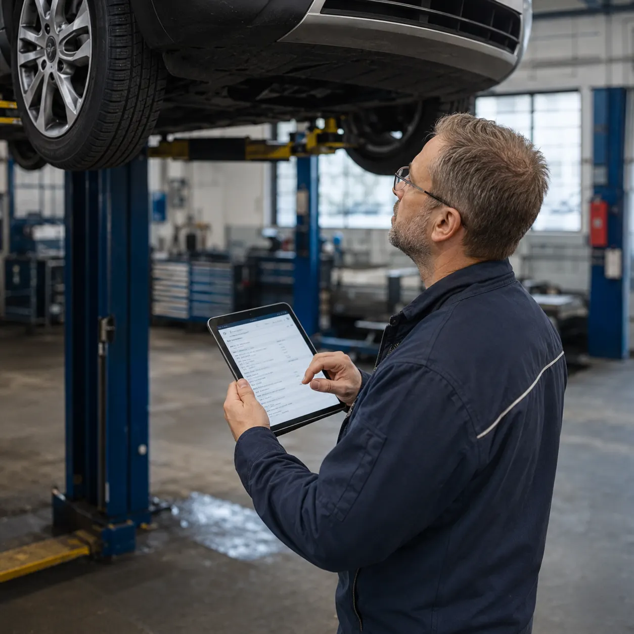 Prüfingenieur mit Tablet inspiziert Elektrofahrzeug an der Hebebühne