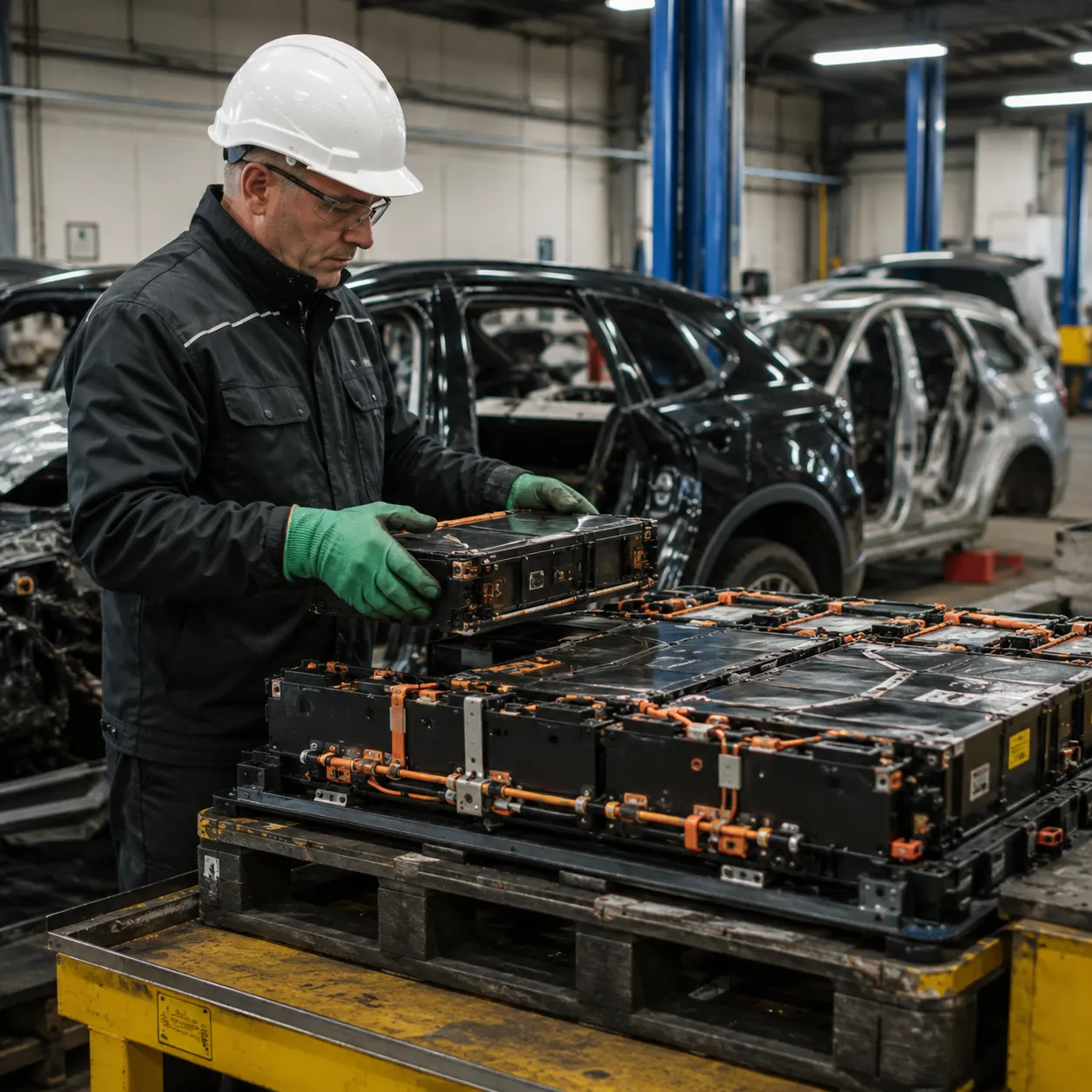 Fachmann demontiert HV-Batterie eines Elektrofahrzeugs im Recyclingbetrieb
